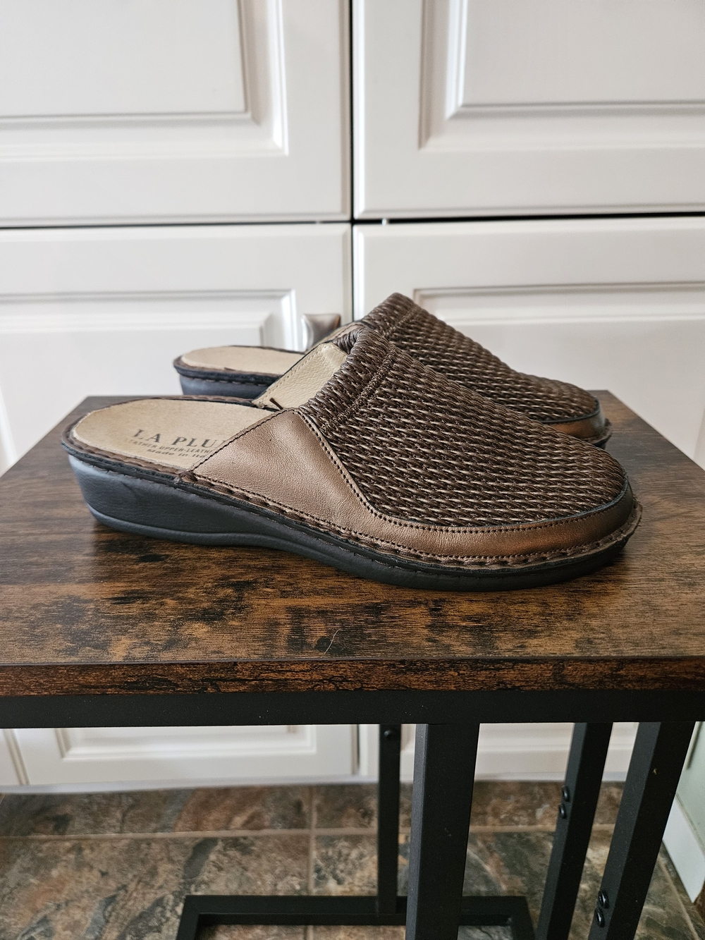 La Plume Flex Weave Stretch Slip-On Leather Clog Mules Comfort Walking Earthy